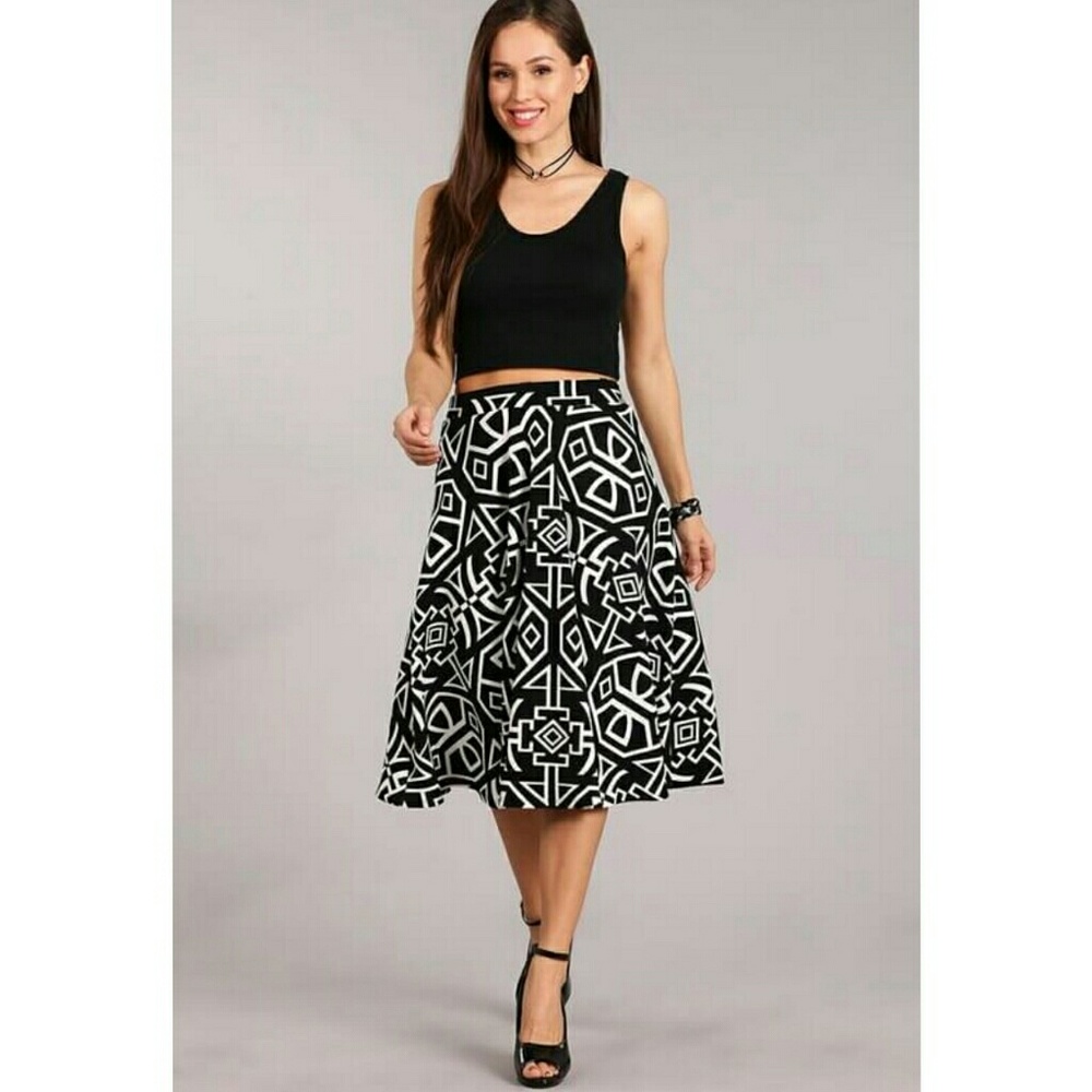 Geometric Full Elastic Waist Skirt Black White Mod